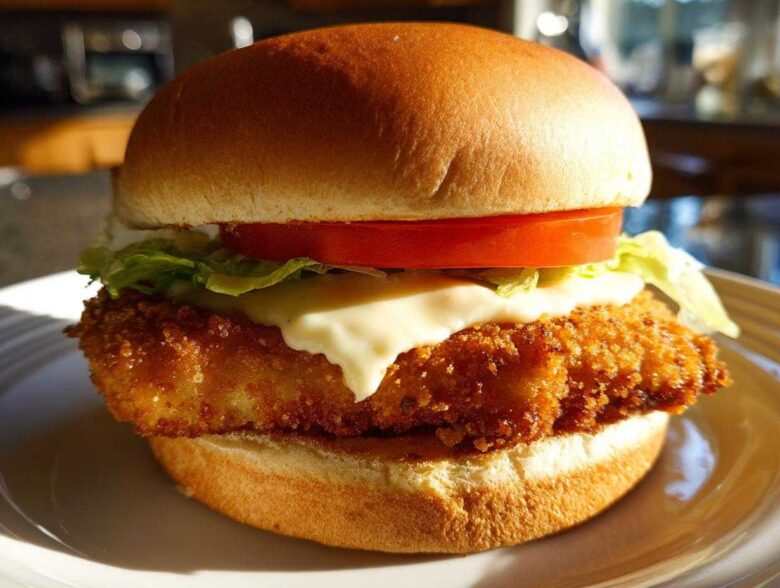 Close-up of an Air Fryer Crispy Fish Sandwich featuring a golden breaded fillet, melted cheese, lettuce, and tomato on a bun.