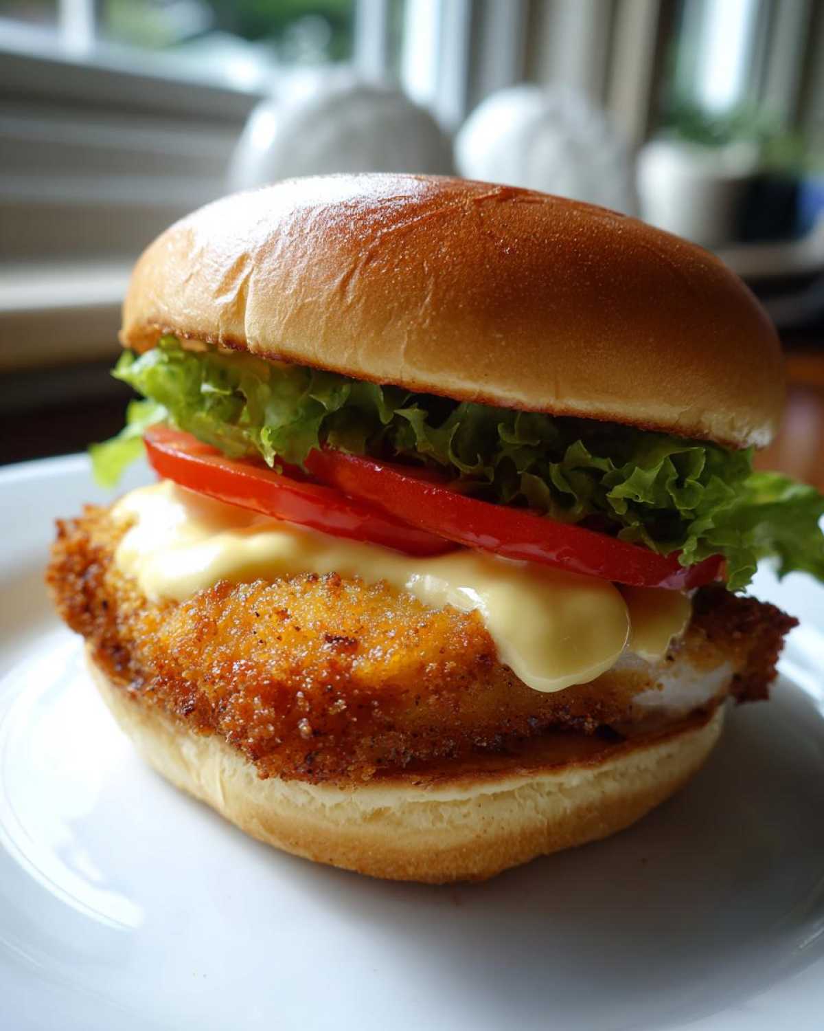 A perfectly assembled Air Fryer Crispy Fish Sandwich featuring a golden fried fillet, creamy sauce, tomato, and lettuce on a brioche bun.