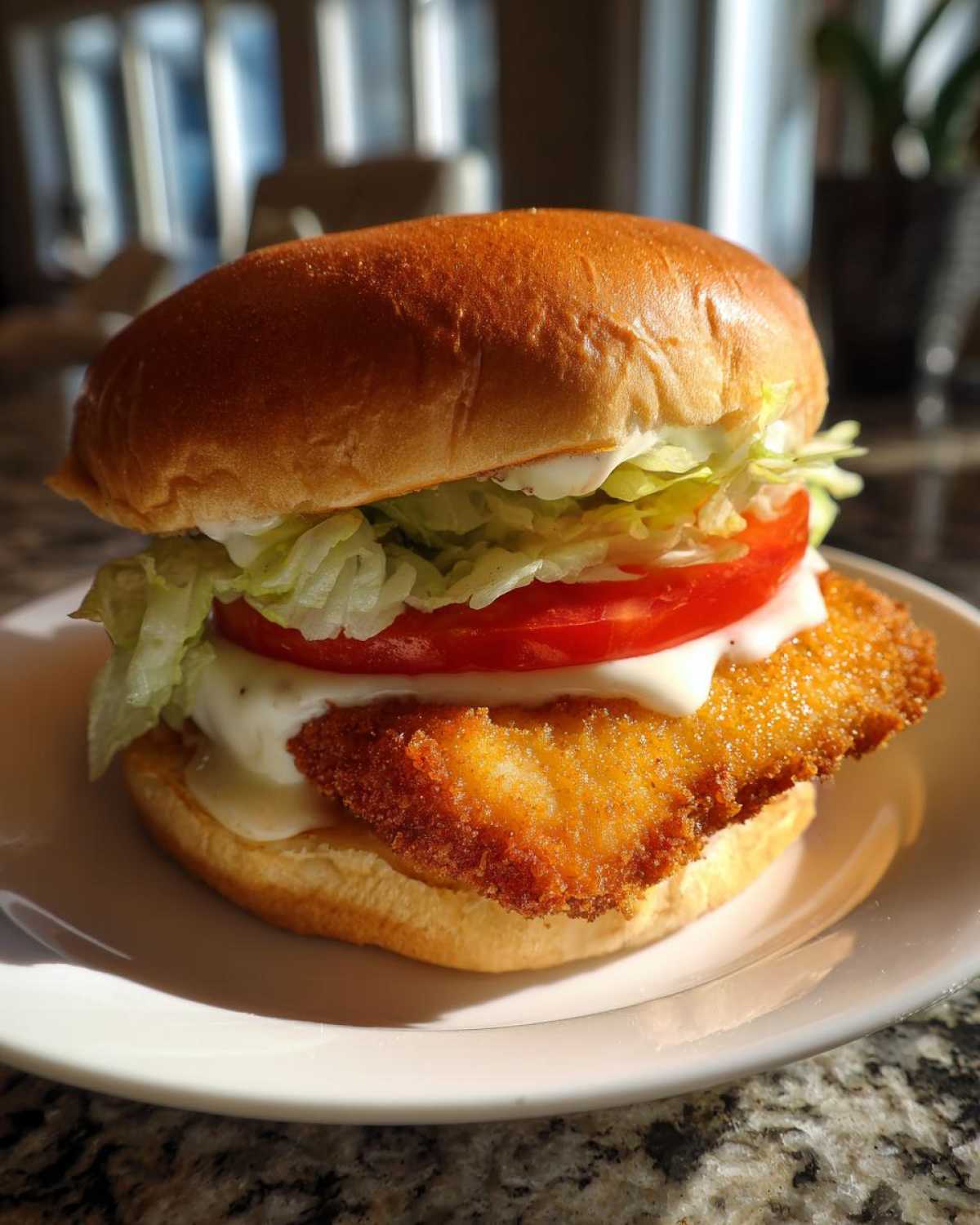 A perfectly assembled Air Fryer Crispy Fish Sandwich featuring a golden fried fillet, lettuce, tomato, and tartar sauce on a toasted bun.