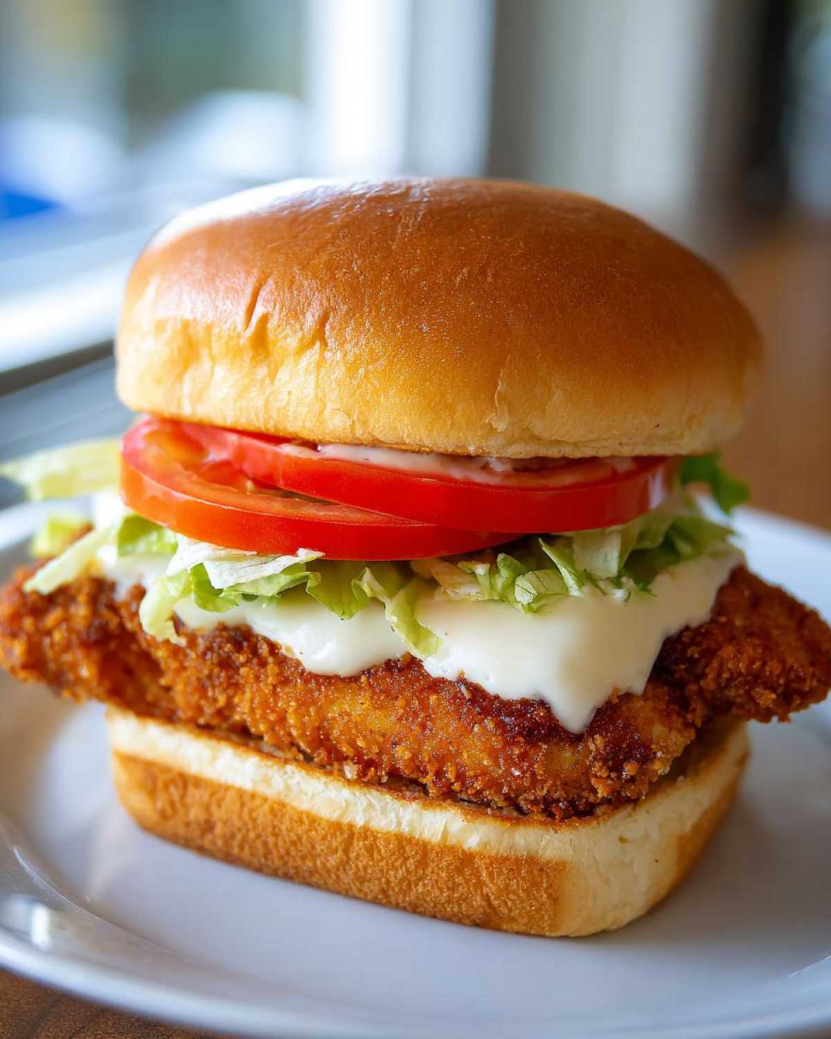 A close-up of an Air Fryer Crispy Fish Sandwich featuring a golden fried fillet, tartar sauce, lettuce, and tomato on a bun.