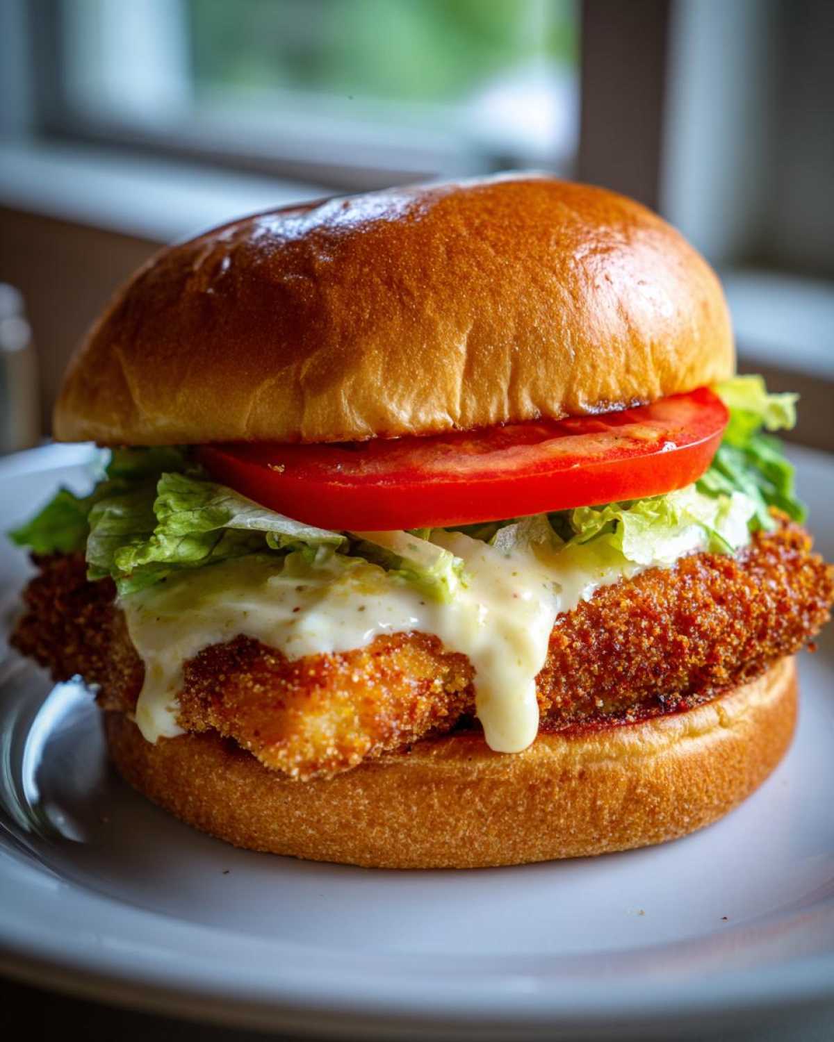 A close-up of an Air Fryer Crispy Fish Sandwich featuring a golden, breaded fillet, tartar sauce, lettuce, and tomato on a brioche bun.
