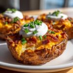 Close-up of three Air Fryer Crispy Potato Skins topped with melted cheese, bacon bits, sour cream, and fresh chives.