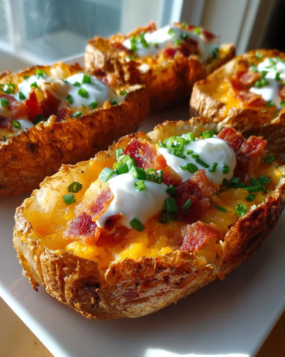 Four crispy Air Fryer Crispy Potato Skins loaded with melted cheese, bacon bits, sour cream, and chives.