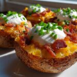 Four loaded Air Fryer Crispy Potato Skins topped with cheese, bacon bits, sour cream, and chives.