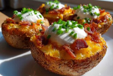 Four loaded Air Fryer Crispy Potato Skins topped with cheese, bacon bits, sour cream, and chives.