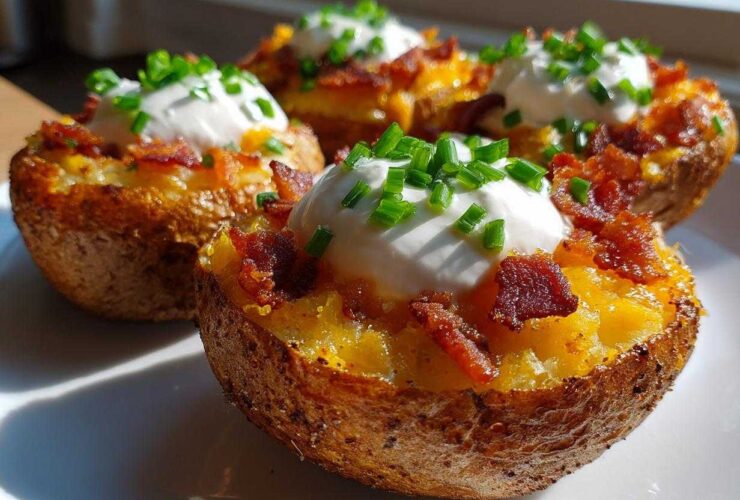 Four loaded Air Fryer Crispy Potato Skins topped with cheese, bacon bits, sour cream, and chives.