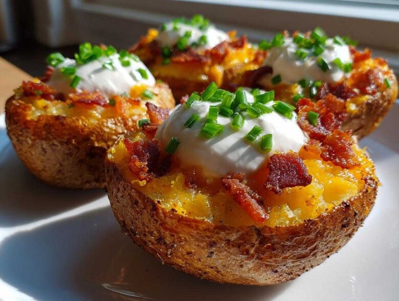 Four loaded Air Fryer Crispy Potato Skins topped with cheese, bacon bits, sour cream, and chives.
