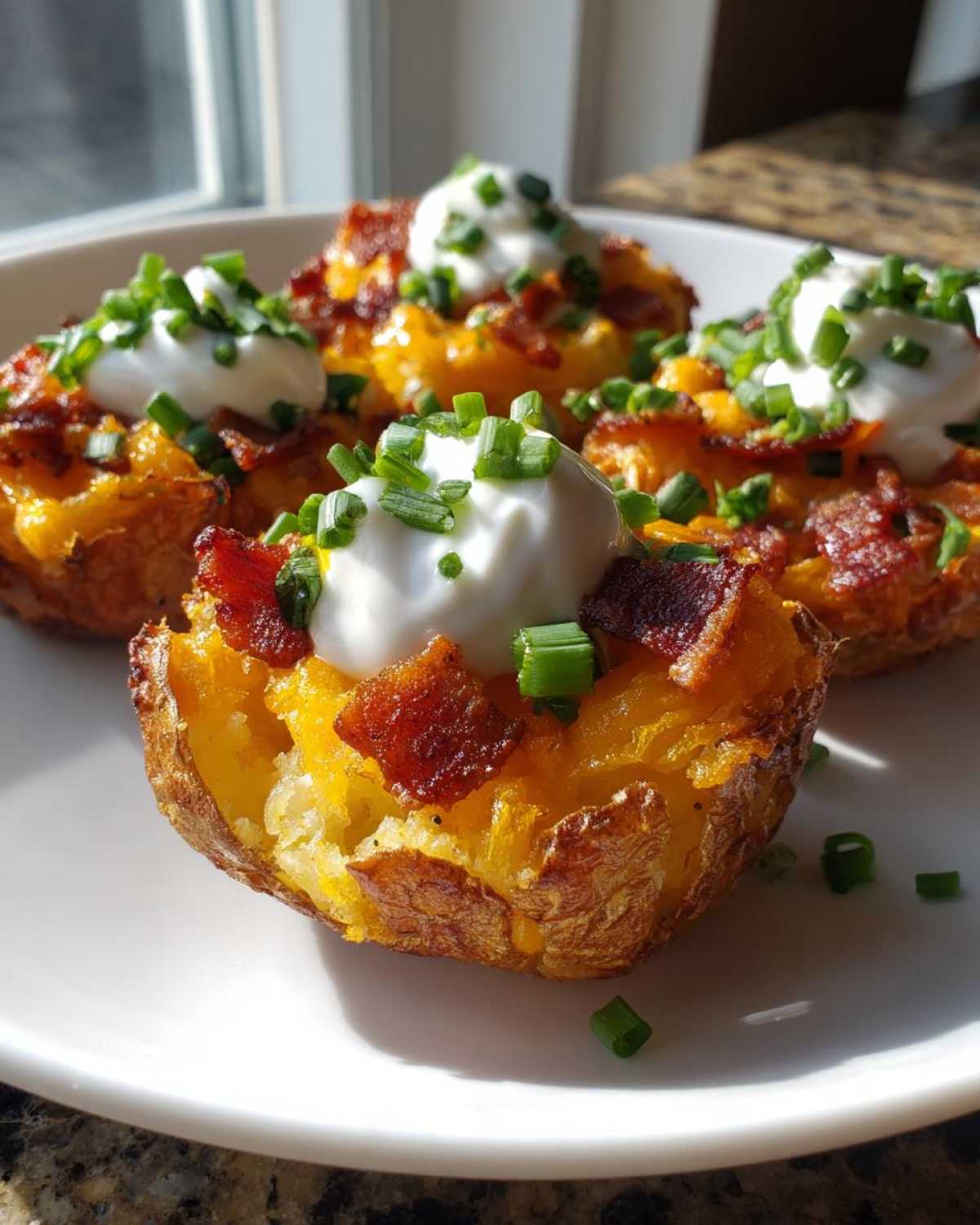 Close-up of Air Fryer Crispy Potato Skins loaded with cheese, bacon, sour cream, and chives.