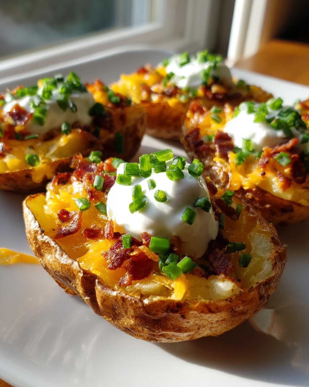 Close-up of several Air Fryer Crispy Potato Skins loaded with melted cheese, bacon bits, sour cream, and chives.