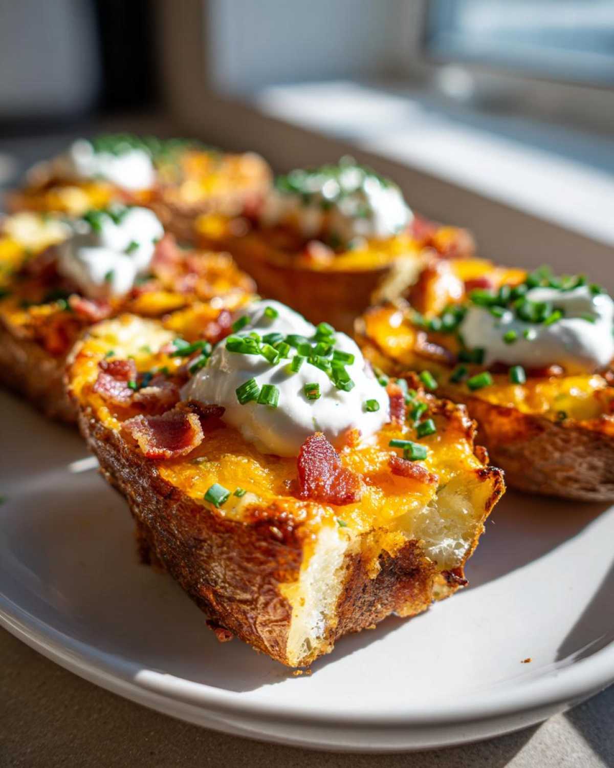 Close-up of golden Air Fryer Crispy Potato Skins topped with melted cheese, bacon, sour cream, and chives.