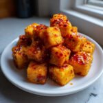 A pile of golden brown Air Fryer Crispy Tofu with Sweet Chili Glaze on a white plate.