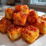 Close-up of crispy Air Fryer Crispy Tofu with Sweet Chili Glaze piled on a white plate.