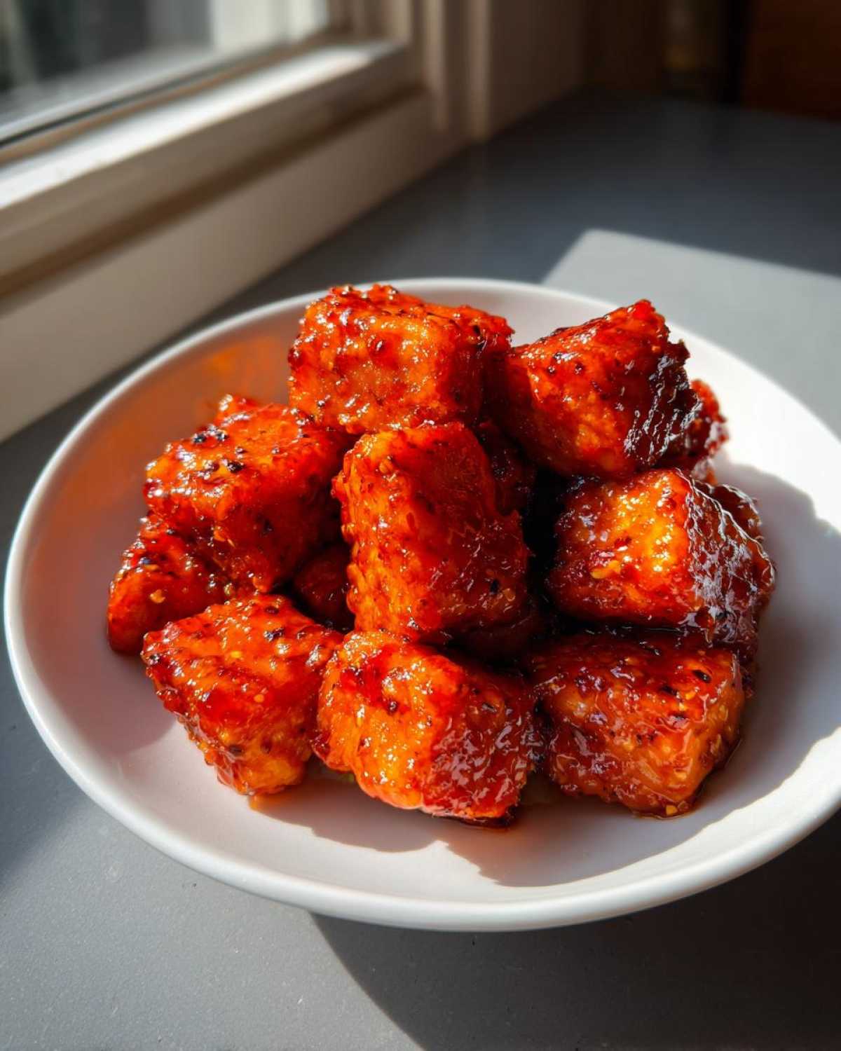 Close-up of Air Fryer Crispy Tofu with Sweet Chili Glaze piled high in a white bowl, glistening under sunlight.