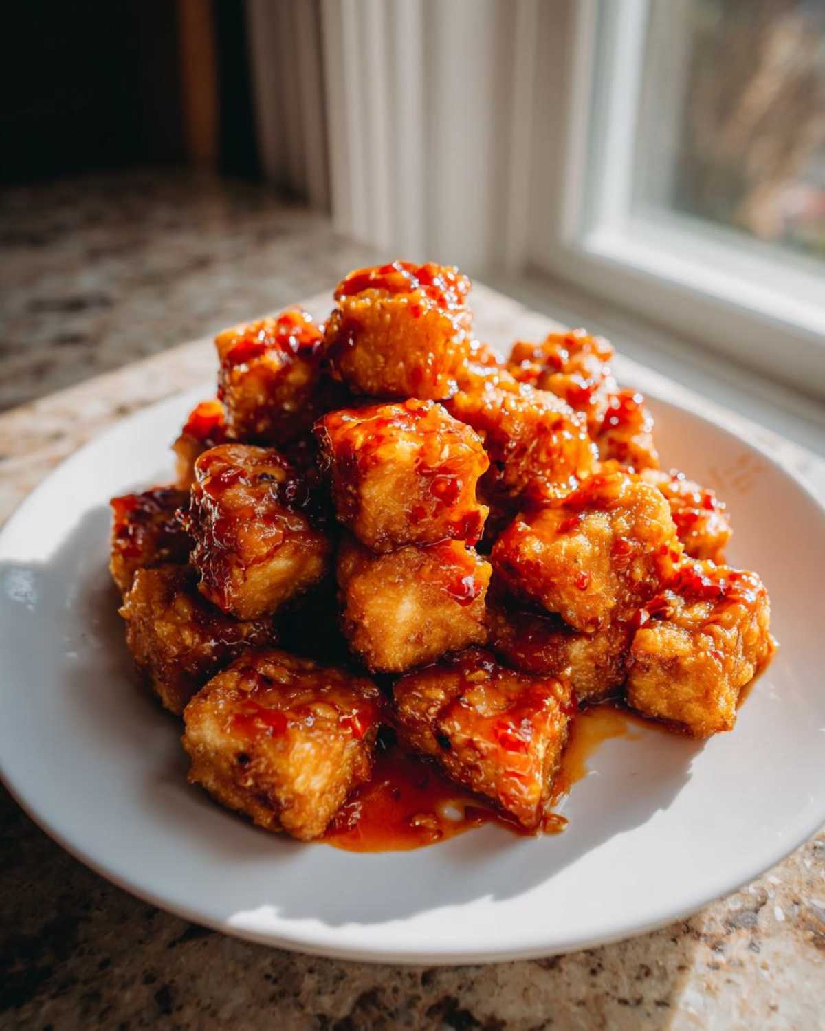 A pile of golden, crispy Air Fryer Crispy Tofu cubes coated in a vibrant sweet chili glaze, served on a white plate.