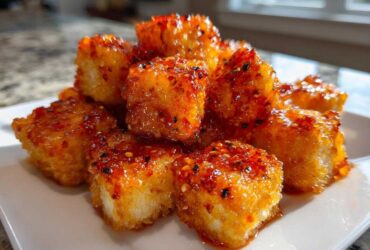 Close-up of crispy Air Fryer Crispy Tofu with Sweet Chili Glaze piled on a white plate.