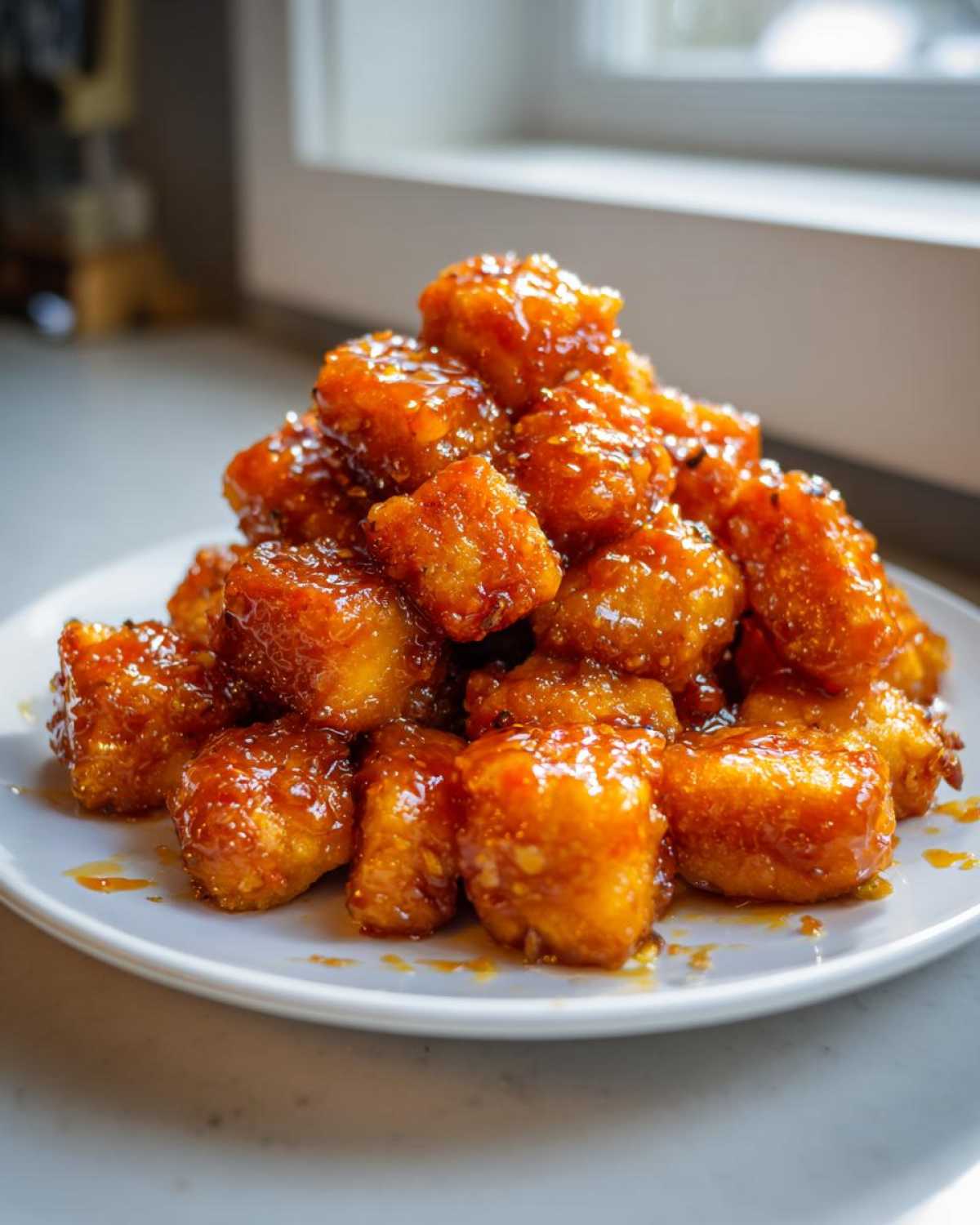 A mound of golden, crispy Air Fryer Crispy Tofu coated in a shiny sweet chili glaze served on a white plate.
