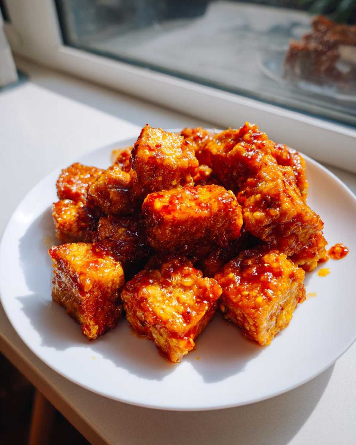 A pile of golden, crispy Air Fryer Crispy Tofu cubes coated in a glistening sweet chili glaze on a white plate.