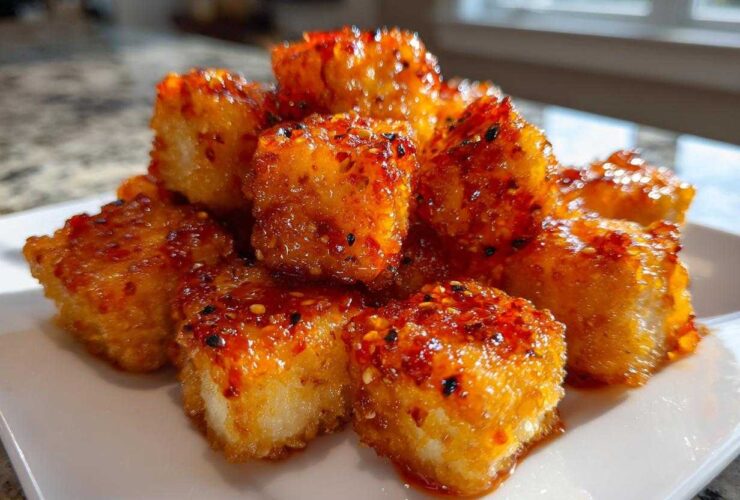 Close-up of crispy Air Fryer Crispy Tofu with Sweet Chili Glaze piled on a white plate.