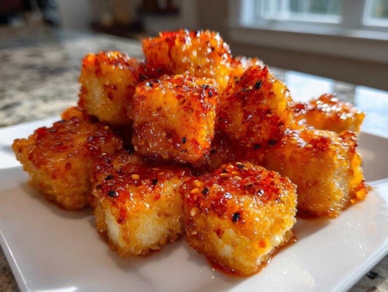 Close-up of crispy Air Fryer Crispy Tofu with Sweet Chili Glaze piled on a white plate.