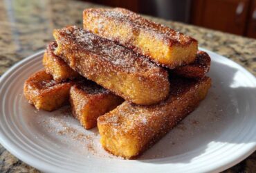 A stack of golden brown Air Fryer French Toast Sticks generously coated in cinnamon sugar on a white plate.