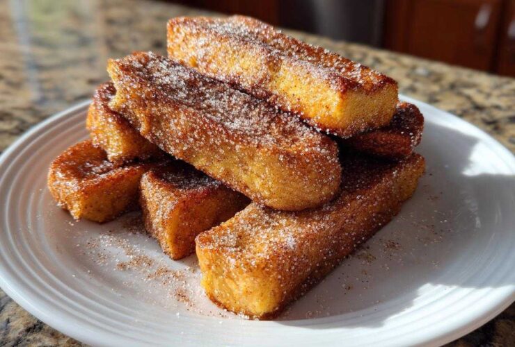 A stack of golden brown Air Fryer French Toast Sticks generously coated in cinnamon sugar on a white plate.