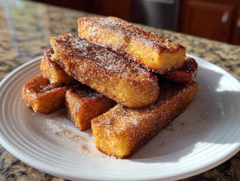 A stack of golden brown Air Fryer French Toast Sticks generously coated in cinnamon sugar on a white plate.