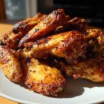 A pile of perfectly cooked, crispy Air Fryer Lemon Pepper Wings glistening under natural light on a white plate.