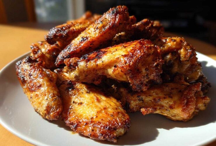 A pile of perfectly cooked, crispy Air Fryer Lemon Pepper Wings glistening under natural light on a white plate.