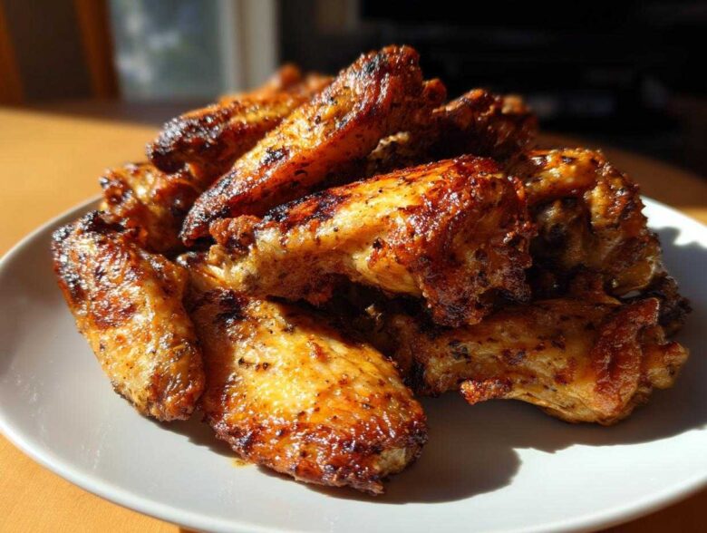 A pile of perfectly cooked, crispy Air Fryer Lemon Pepper Wings glistening under natural light on a white plate.