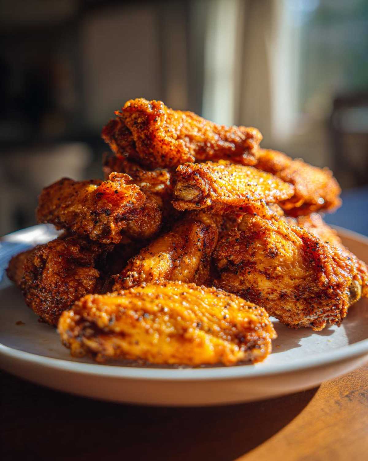 A tall pile of crispy, golden brown Air Fryer Lemon Pepper Wings seasoned with visible pepper flakes.