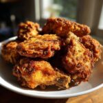A pile of crispy, golden brown Air Fryer Lemon Pepper Wings seasoned with visible black pepper on a white plate.