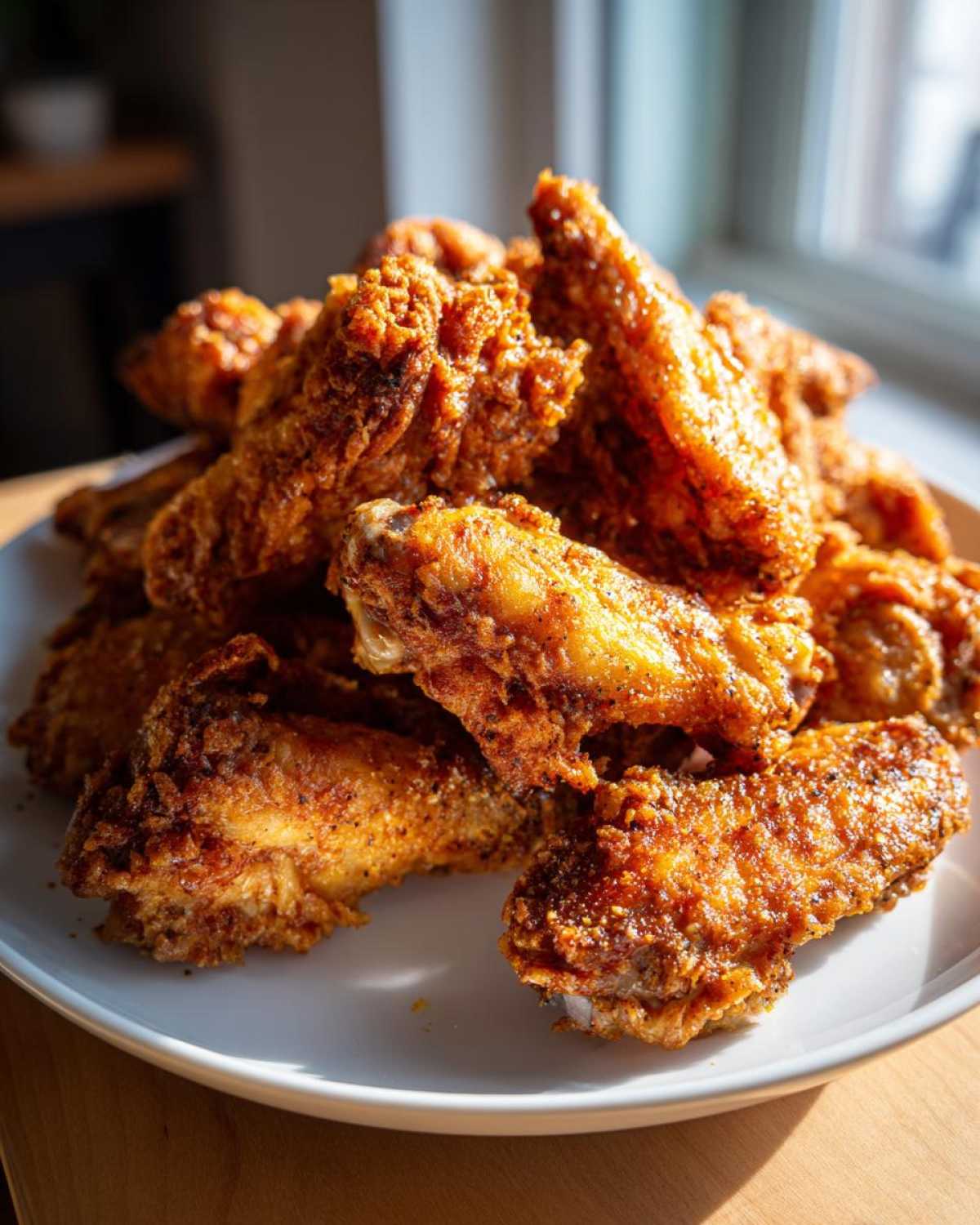 A large pile of crispy, golden brown Air Fryer Lemon Pepper Wings stacked high on a white plate.