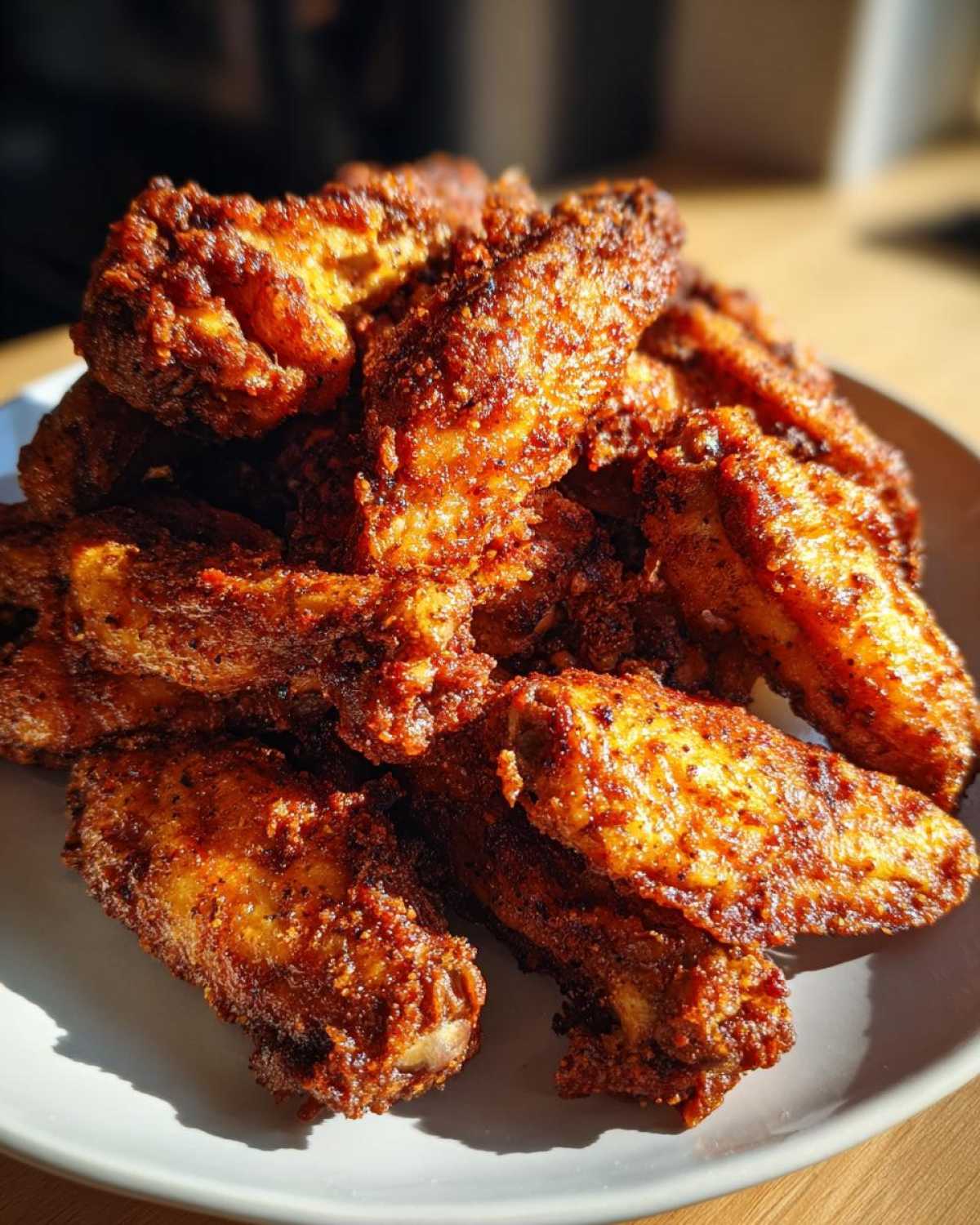 A close-up, sunlit pile of crispy, seasoned Air Fryer Lemon Pepper Wings stacked on a light gray plate.