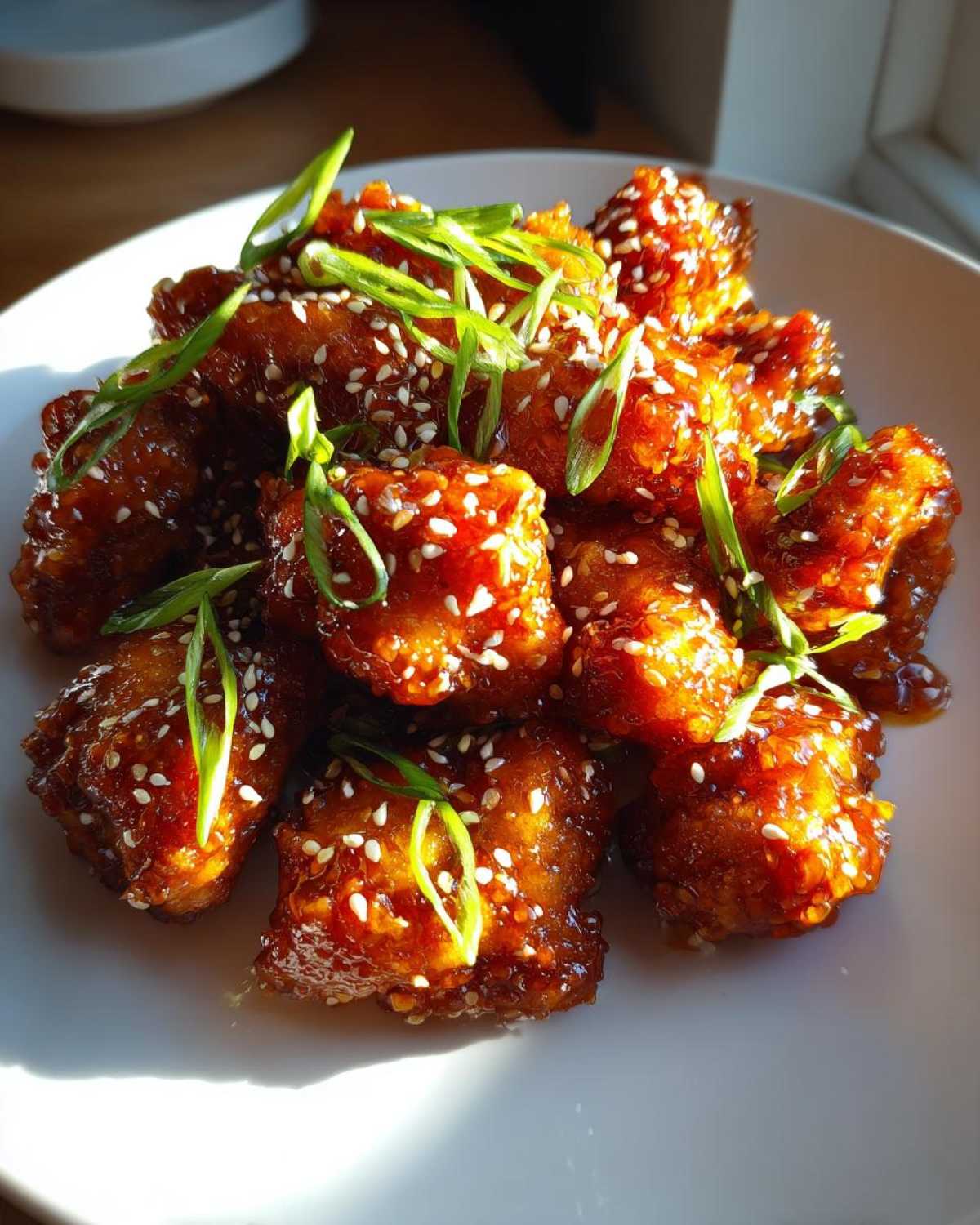 Close-up of crispy Air Fryer Orange Chicken pieces coated in a sticky glaze, topped with sesame seeds and sliced green onions.
