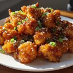 Close-up of glossy, crispy Air Fryer Orange Chicken pieces topped with sesame seeds and green onions.