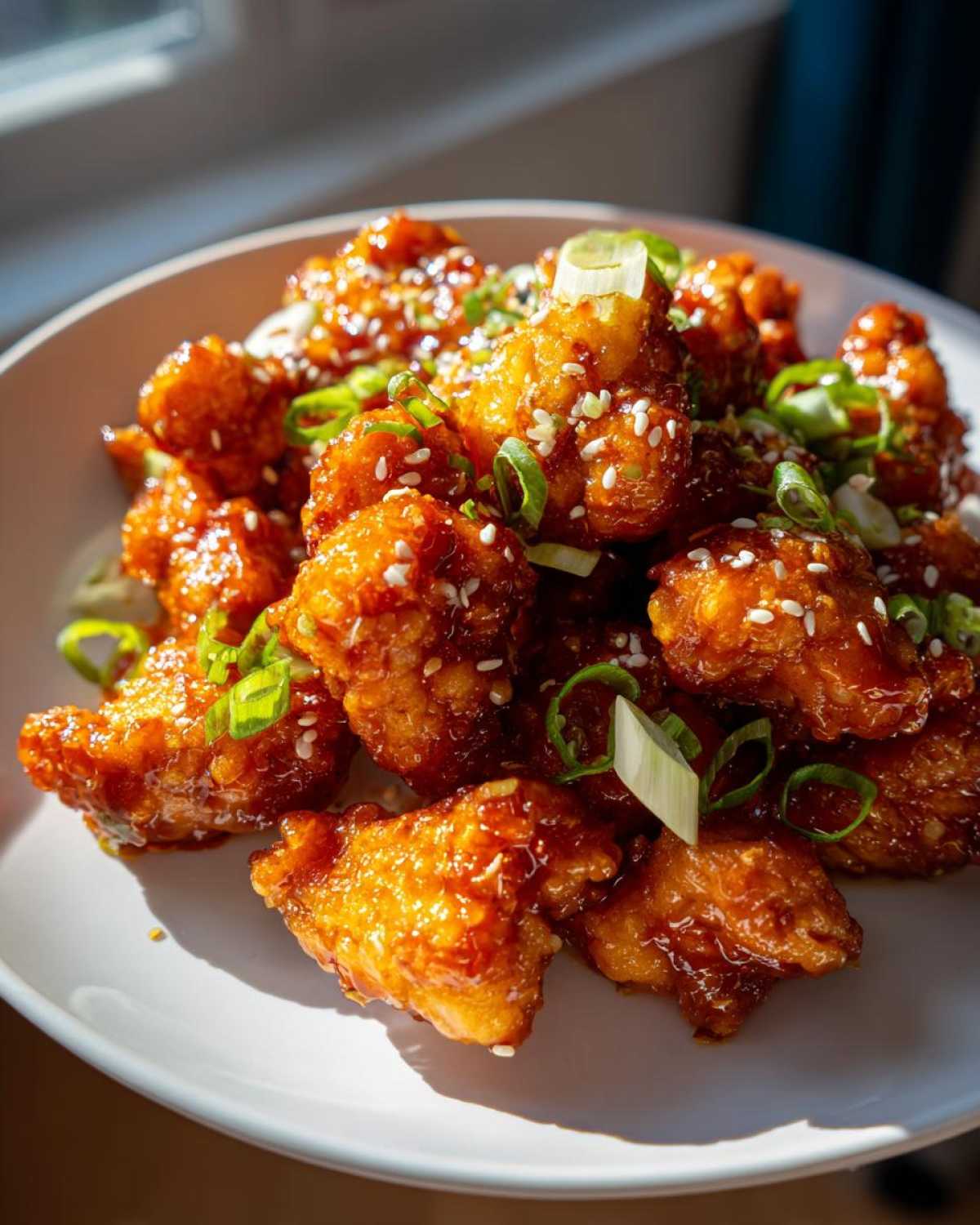Close-up of crispy, glazed Air Fryer Orange Chicken pieces topped with sesame seeds and green onions.