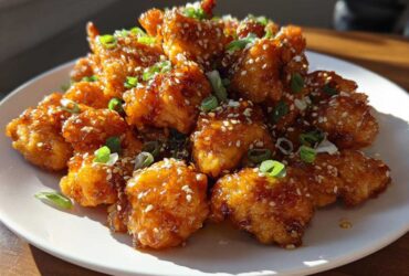 Close-up of glossy, crispy Air Fryer Orange Chicken pieces topped with sesame seeds and green onions.