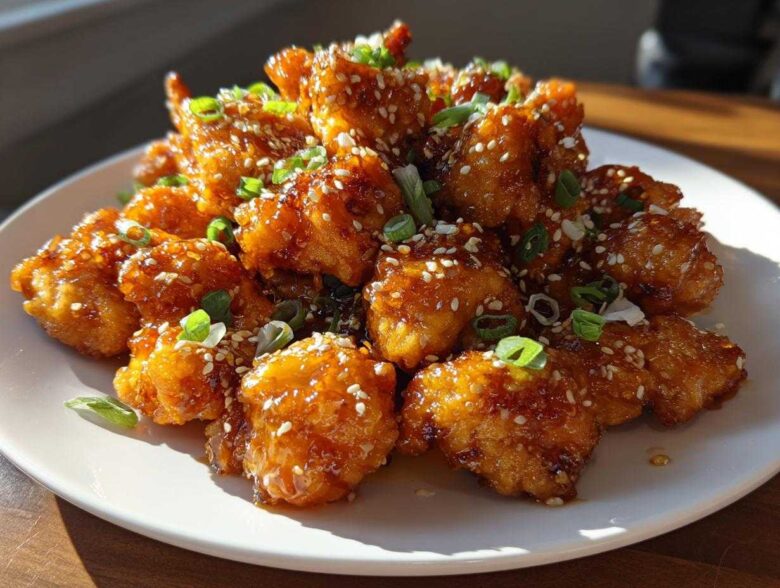 Close-up of glossy, crispy Air Fryer Orange Chicken pieces topped with sesame seeds and green onions.