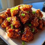 A pile of crispy, glazed Air Fryer Orange Chicken pieces garnished with sesame seeds and green onions on a white plate.