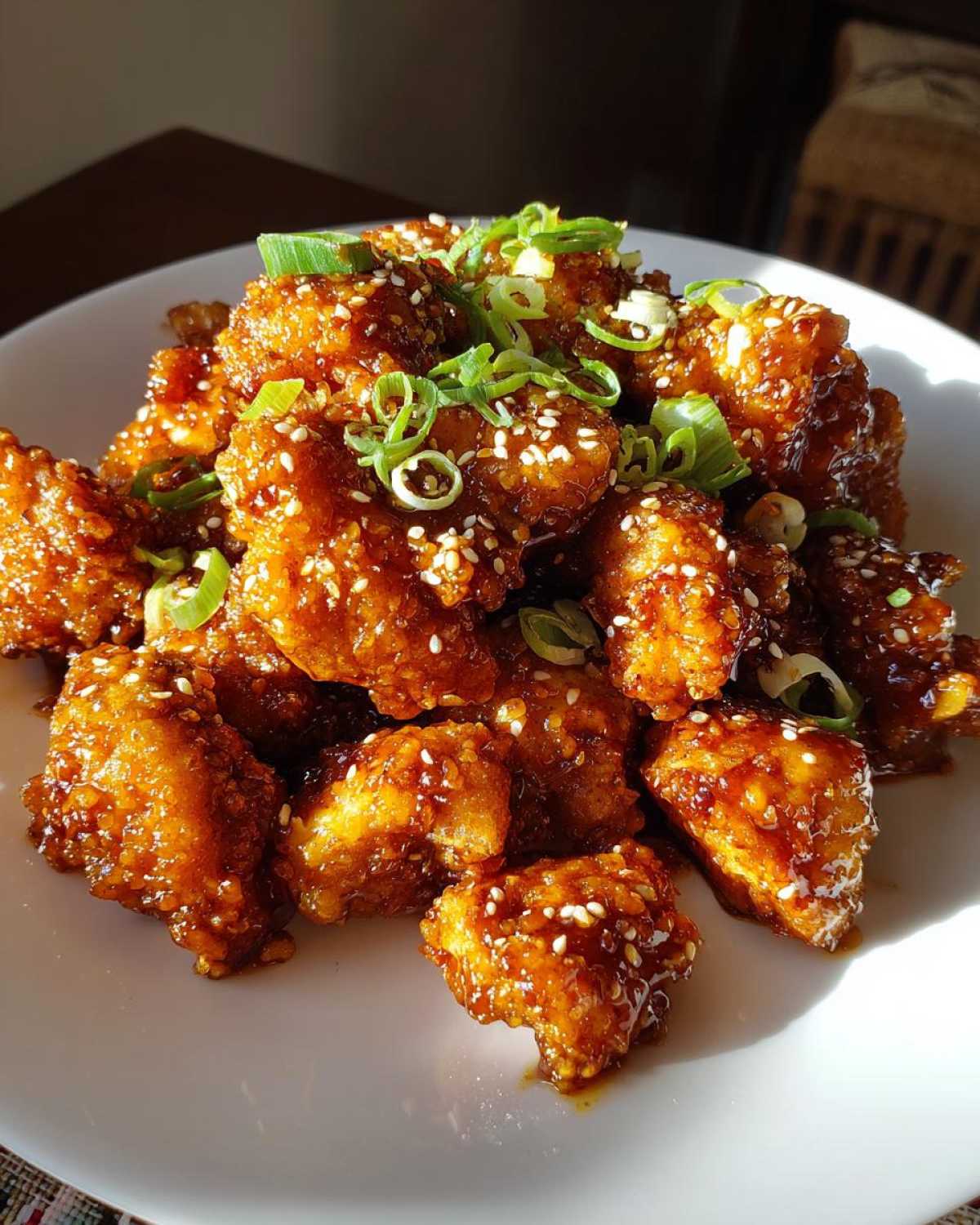 A plate piled high with crispy Air Fryer Orange Chicken pieces coated in a glossy sauce and garnished with sesame seeds and scallions.