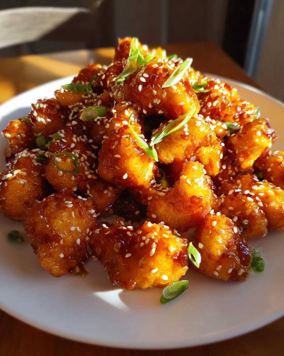 A mound of crispy, glazed Air Fryer Orange Chicken pieces topped with sesame seeds and sliced green onions.