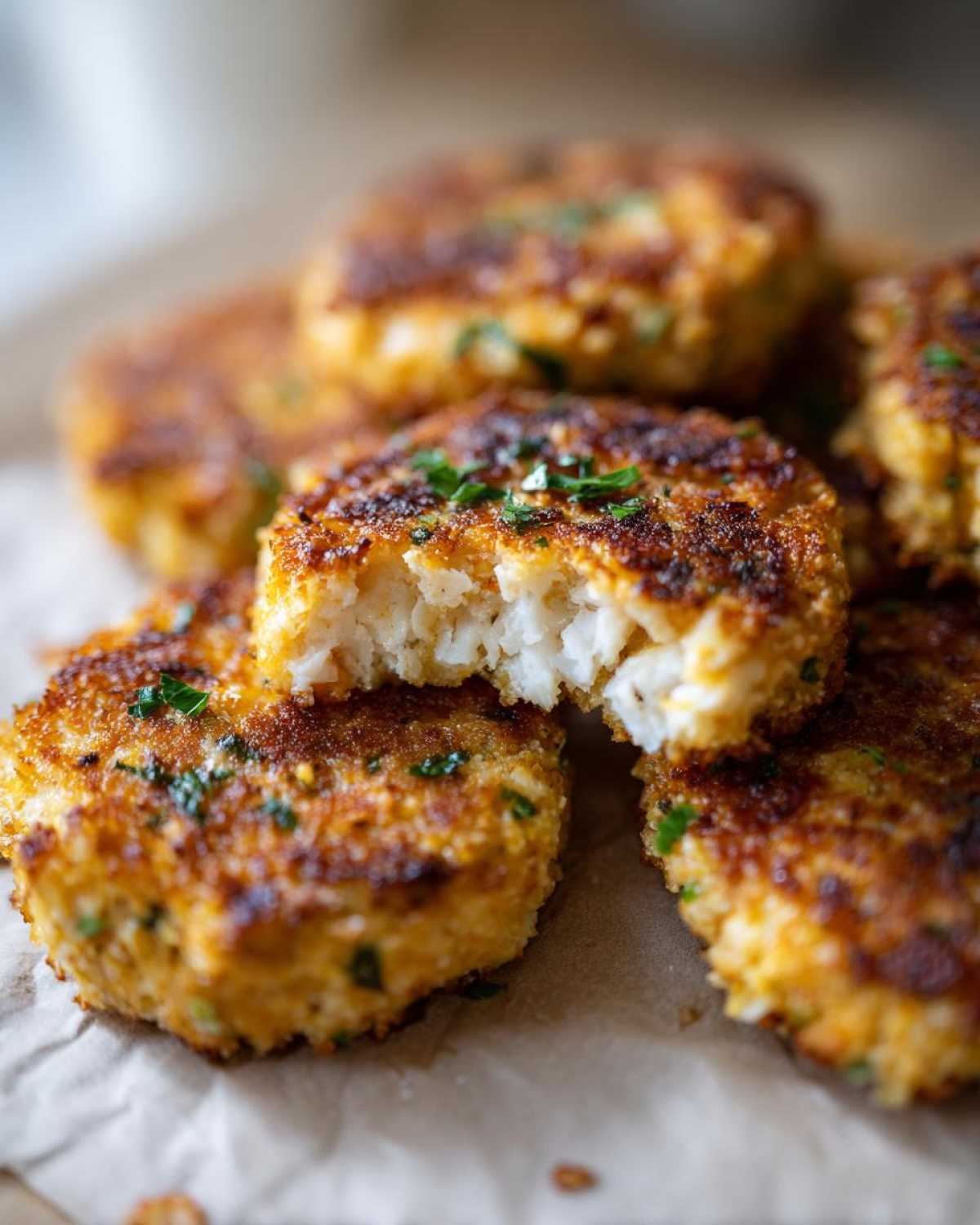 Close-up of golden brown Air Fryer Salmon Patties, one broken open showing the flaky white interior and parsley garnish.