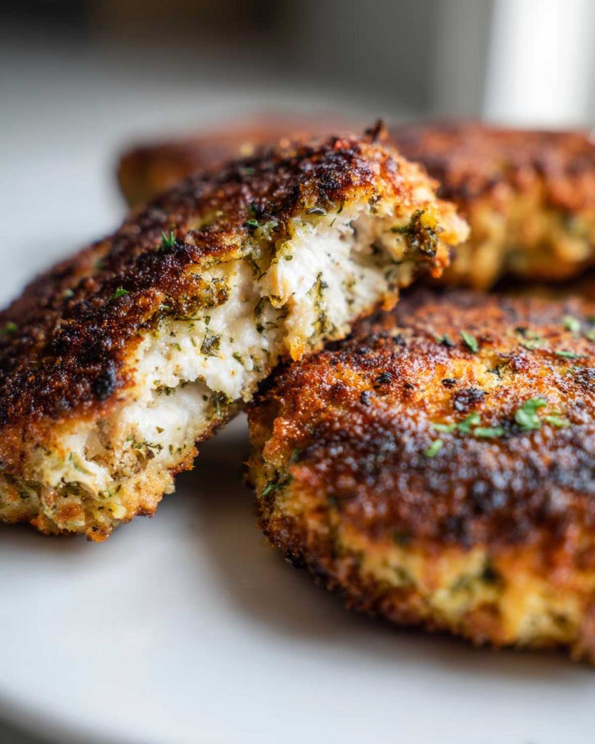 Close-up of an Air Fryer Salmon Patties cut in half showing the flaky interior and crispy, browned exterior.