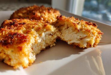 Close-up of Air Fryer Salmon Patties, one broken open showing flaky interior and crispy golden crust.