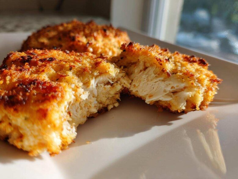 Close-up of Air Fryer Salmon Patties, one broken open showing flaky interior and crispy golden crust.