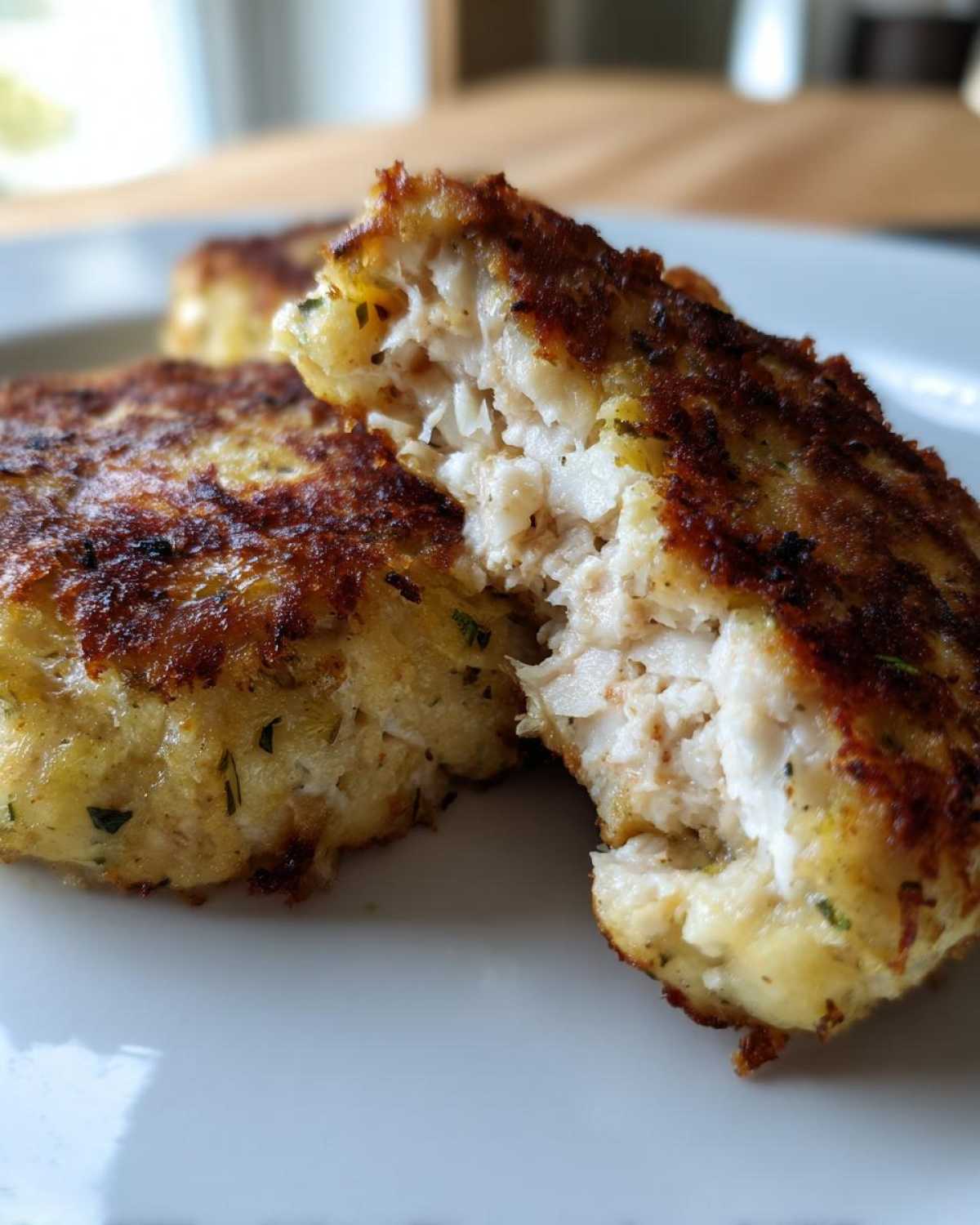 Close-up of Air Fryer Salmon Patties, one broken open showing the flaky, moist interior and crispy golden-brown exterior.