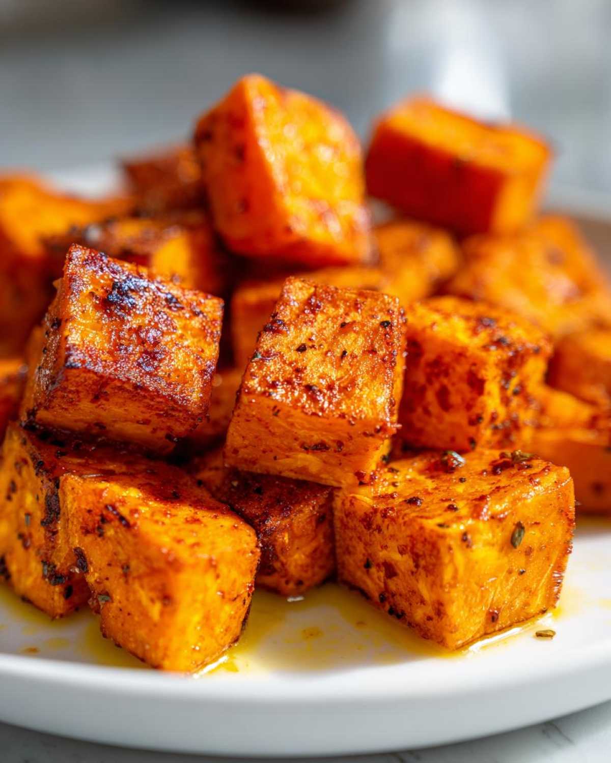 Close-up of perfectly cooked, caramelized Air Fryer Sweet Potato Cubes piled on a white plate.