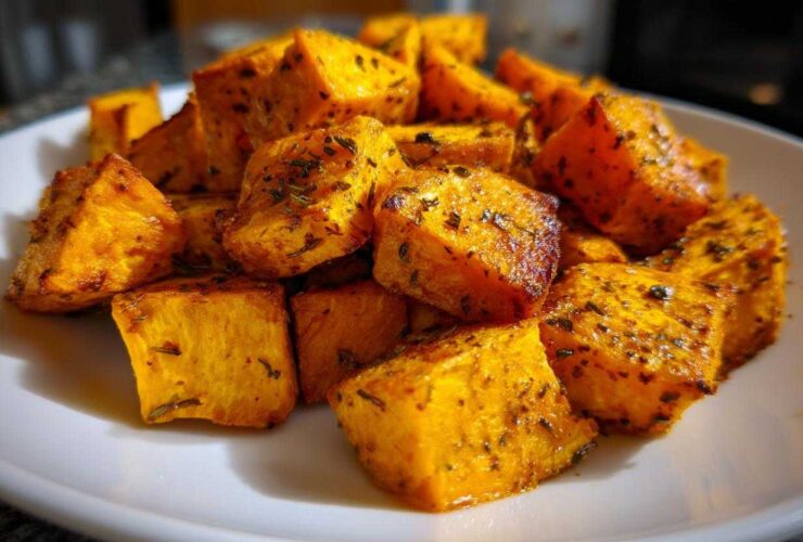A close-up of golden brown, seasoned Air Fryer Sweet Potato Cubes piled on a white plate.