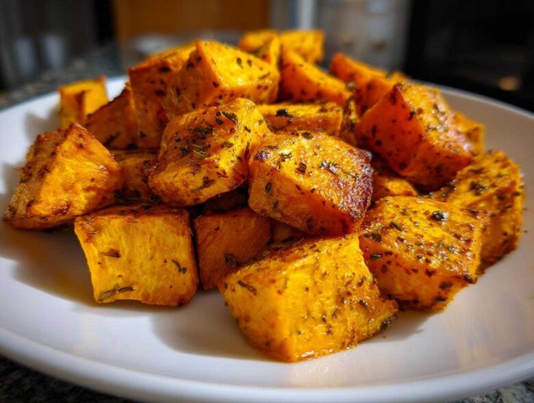 A close-up of golden brown, seasoned Air Fryer Sweet Potato Cubes piled on a white plate.