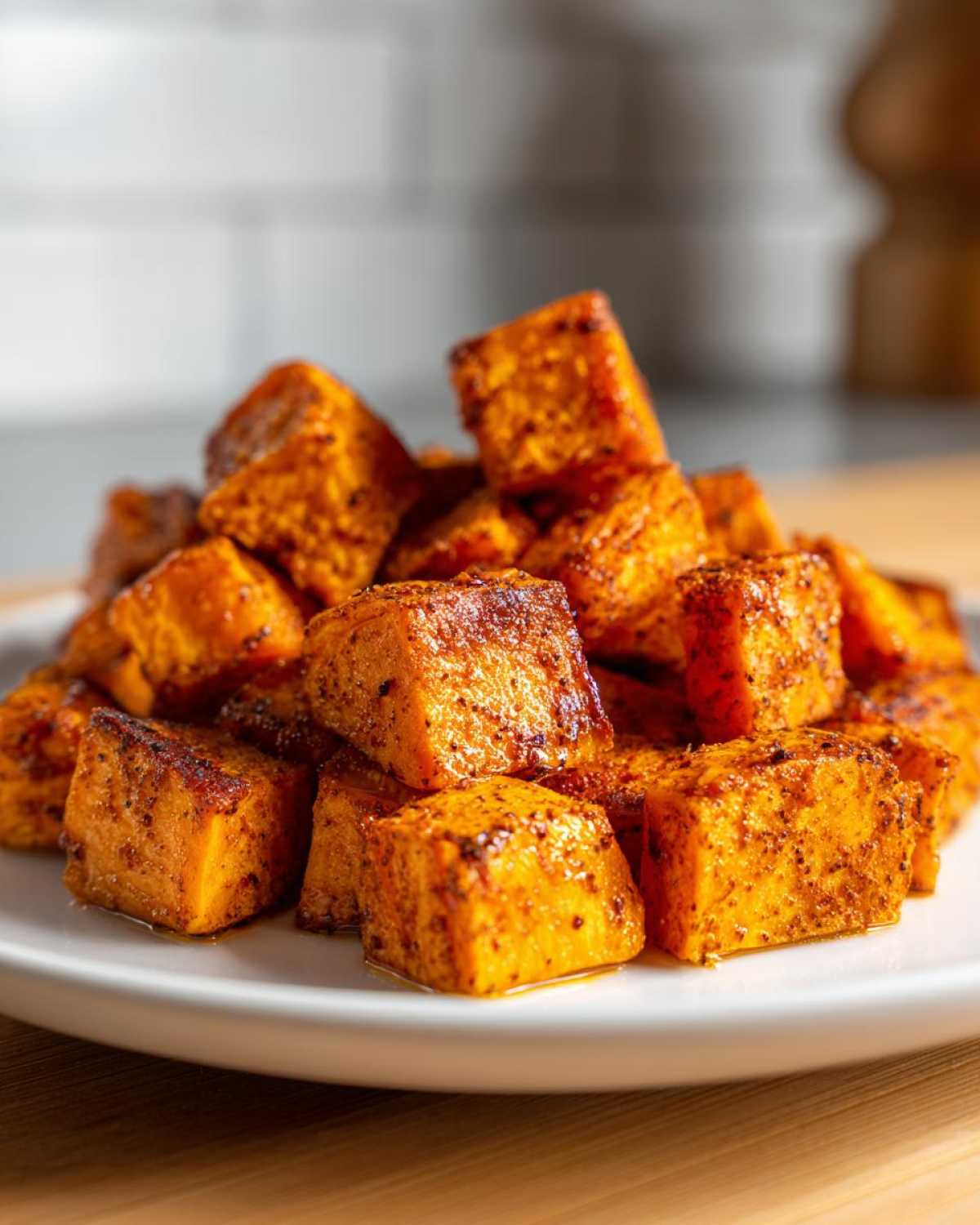 A close-up of a mound of perfectly seasoned Air Fryer Sweet Potato Cubes piled high on a white plate.